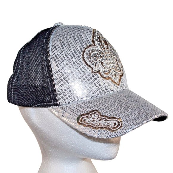 Silver Bling Sequin Fleur De Lis Trucker Mesh Adjustable Baseball Hat NOLA Cap - Picture 3 of 12